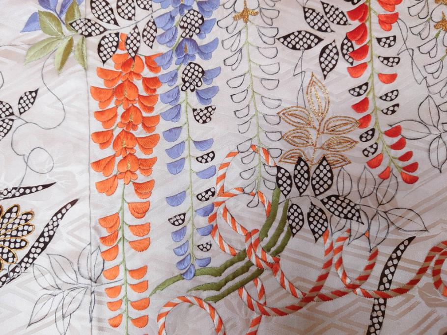 アンティーク　正絹　刺繍　羽織(古布、リメイク、菊、牡丹、竹、扇子、花しょうぶ、梅、藤、衣装、和服、和装、シルク、日本、ジャパン、Japanese KIMONO)(R-079184)