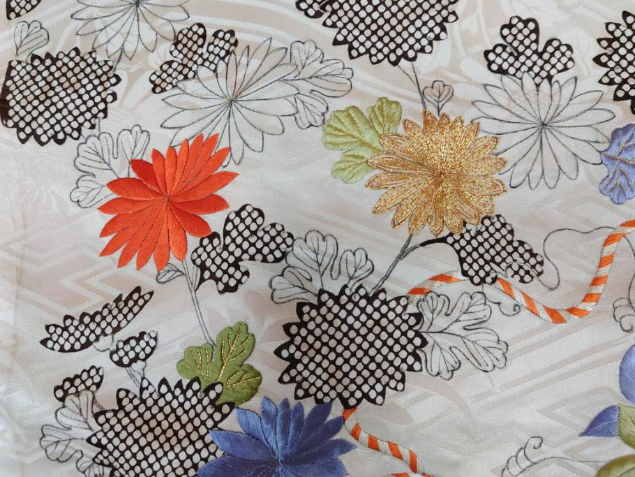 アンティーク　正絹　刺繍　羽織(古布、リメイク、菊、牡丹、竹、扇子、花しょうぶ、梅、藤、衣装、和服、和装、シルク、日本、ジャパン、Japanese KIMONO)(R-079184)