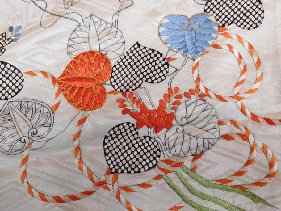 アンティーク　正絹　刺繍　羽織(古布、リメイク、菊、牡丹、竹、扇子、花しょうぶ、梅、藤、衣装、和服、和装、シルク、日本、ジャパン、Japanese KIMONO)(R-079184)
