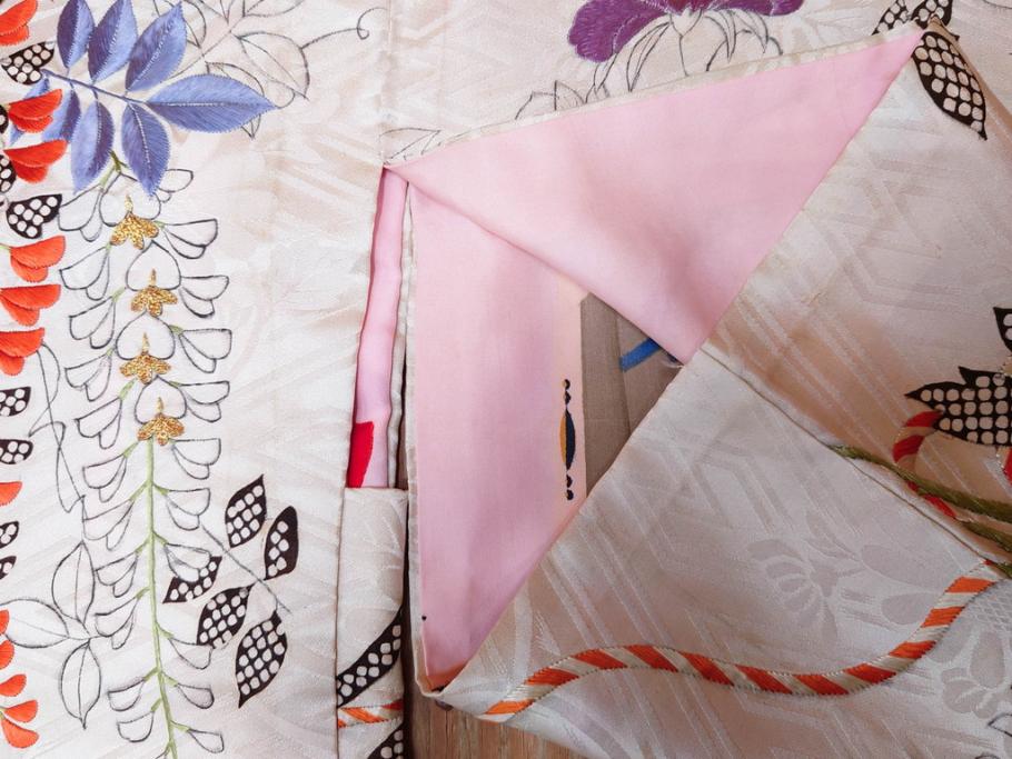 アンティーク　正絹　刺繍　羽織(古布、リメイク、菊、牡丹、竹、扇子、花しょうぶ、梅、藤、衣装、和服、和装、シルク、日本、ジャパン、Japanese KIMONO)(R-079184)