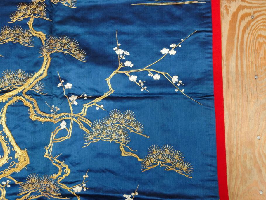 江戸～明治期　細かな刺繍が美しい掛袱紗(古裂、古布、リメイク、金糸、鶴、ツル、松竹梅、ふくさ、フクサ、帛紗、服紗、房付き)(R-079185)