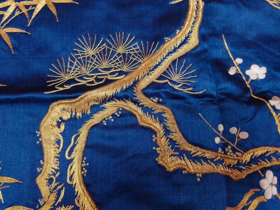 江戸～明治期　細かな刺繍が美しい掛袱紗(古裂、古布、リメイク、金糸、鶴、ツル、松竹梅、ふくさ、フクサ、帛紗、服紗、房付き)(R-079185)