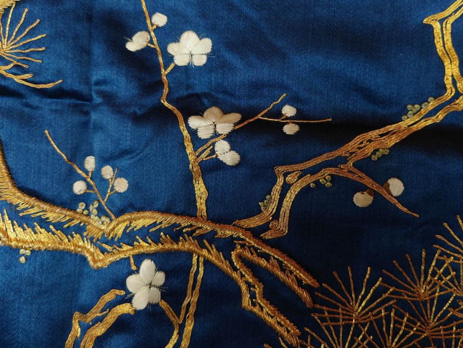 江戸～明治期　細かな刺繍が美しい掛袱紗(古裂、古布、リメイク、金糸、鶴、ツル、松竹梅、ふくさ、フクサ、帛紗、服紗、房付き)(R-079185)