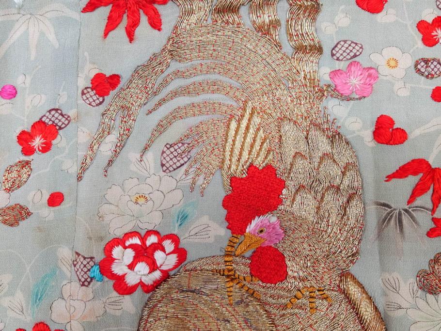 江戸～明治期　正絹　縮緬　緻密に刺繍された吉祥文様が素晴らしい古布(掛袱紗、リメイク、金糸、松竹梅、鶴、ツル、カメ、亀、古裂、服紗、フクサ、ふくさ、帛紗)(R-079186)