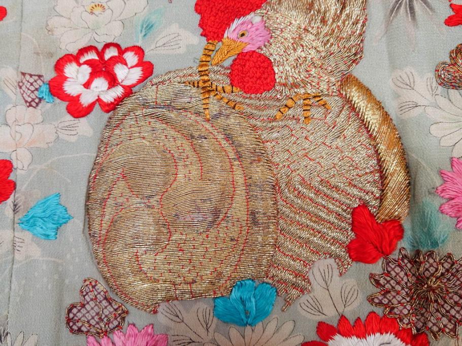 江戸～明治期　正絹　縮緬　緻密に刺繍された吉祥文様が素晴らしい古布(掛袱紗、リメイク、金糸、松竹梅、鶴、ツル、カメ、亀、古裂、服紗、フクサ、ふくさ、帛紗)(R-079186)