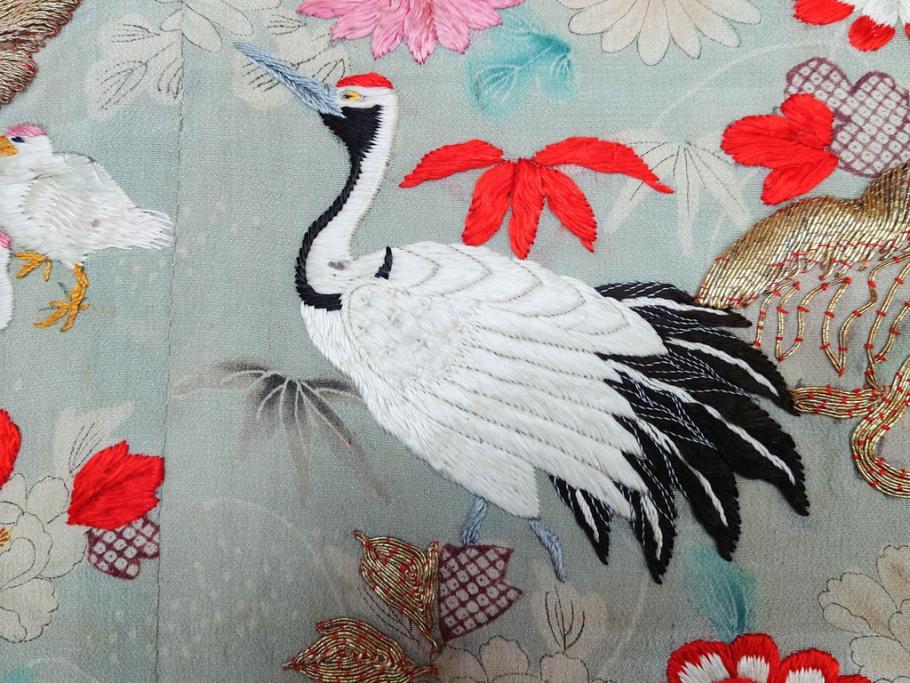 江戸～明治期　正絹　縮緬　緻密に刺繍された吉祥文様が素晴らしい古布(掛袱紗、リメイク、金糸、松竹梅、鶴、ツル、カメ、亀、古裂、服紗、フクサ、ふくさ、帛紗)(R-079186)