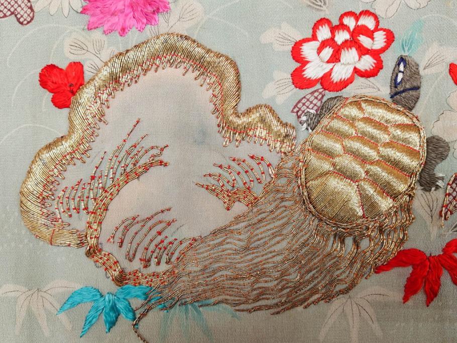 江戸～明治期　正絹　縮緬　緻密に刺繍された吉祥文様が素晴らしい古布(掛袱紗、リメイク、金糸、松竹梅、鶴、ツル、カメ、亀、古裂、服紗、フクサ、ふくさ、帛紗)(R-079186)