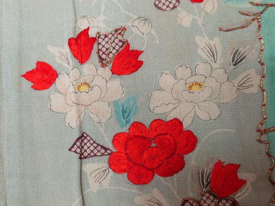 江戸～明治期　正絹　縮緬　緻密に刺繍された吉祥文様が素晴らしい古布(掛袱紗、リメイク、金糸、松竹梅、鶴、ツル、カメ、亀、古裂、服紗、フクサ、ふくさ、帛紗)(R-079186)
