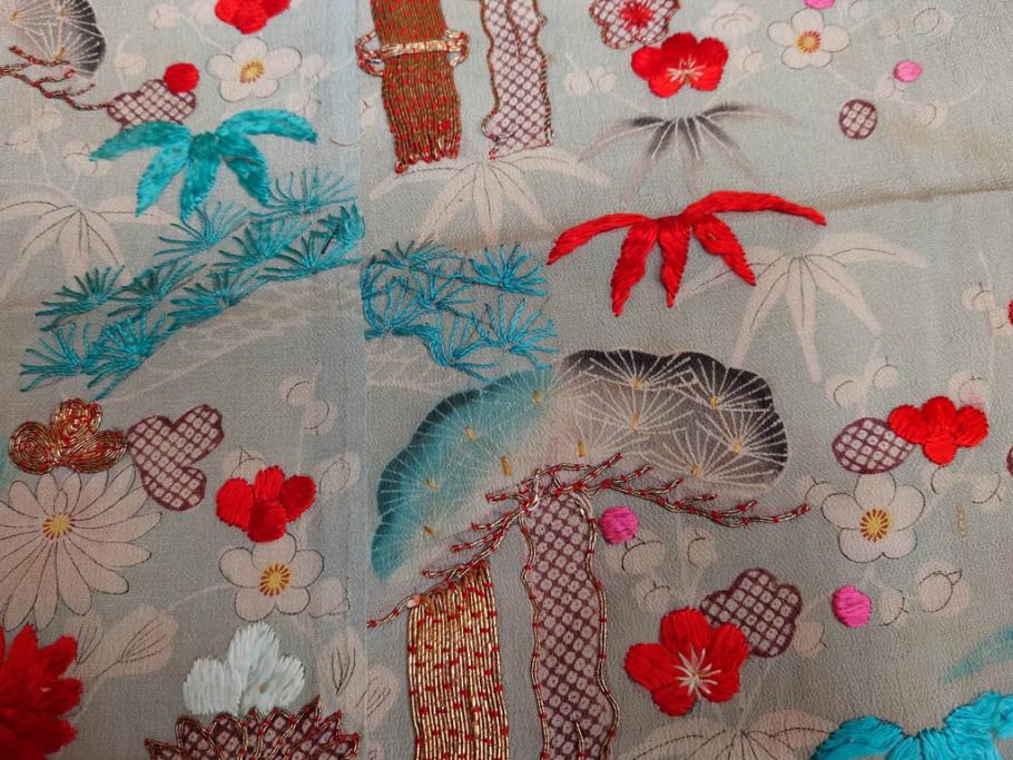 江戸～明治期　正絹　縮緬　緻密に刺繍された吉祥文様が素晴らしい古布(掛袱紗、リメイク、金糸、松竹梅、鶴、ツル、カメ、亀、古裂、服紗、フクサ、ふくさ、帛紗)(R-079186)