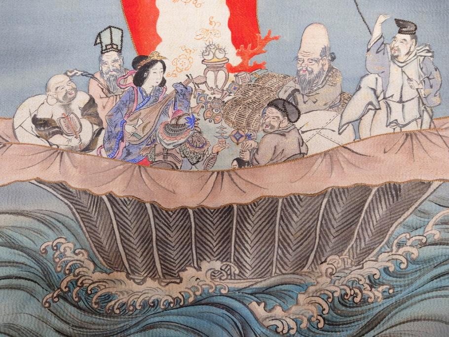 明治～大正期　正絹　様々な縁起の良いデザインが楽しめる掛袱紗4点セット(古布、リメイク、金糸、刺繍、七福神、宝船、鶴、ツル、カメ、亀、桐、鳳凰、高砂、古裂、服紗、フクサ、ふくさ、帛紗、房付き)(R-079187)