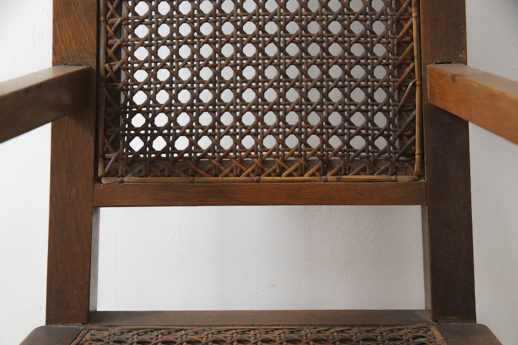 和製アンティーク　古いナラ材の象嵌入りラタン張りチャイルドチェア(アームチェア、ダイニングチェア、こども椅子、子どもイス)(R-073413)