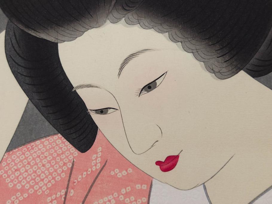 昭和55年6月作　神保朋世　「静夜」　版画(絵画、木版画、多色摺り、美人画、彫刀 大倉半兵衛、摺刷 関岡扇令、着物、女性、落款)(R-079253)