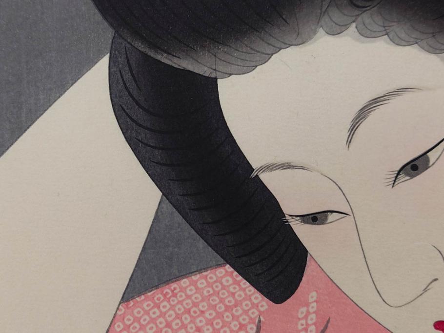 昭和55年6月作　神保朋世　「静夜」　版画(絵画、木版画、多色摺り、美人画、彫刀 大倉半兵衛、摺刷 関岡扇令、着物、女性、落款)(R-079253)