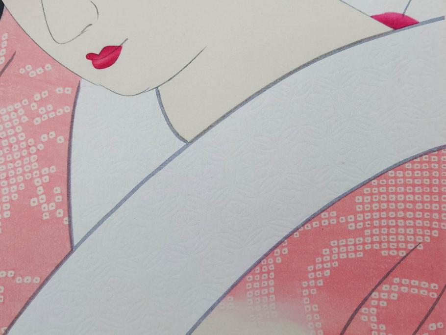 昭和55年6月作　神保朋世　「静夜」　版画(絵画、木版画、多色摺り、美人画、彫刀 大倉半兵衛、摺刷 関岡扇令、着物、女性、落款)(R-079253)