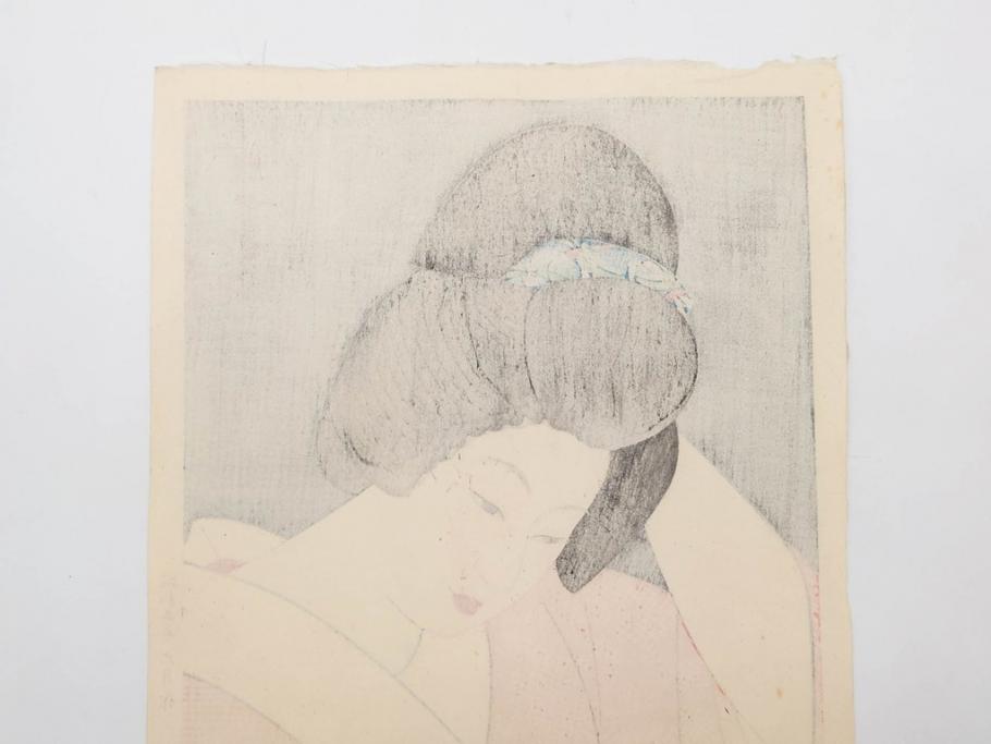 昭和55年6月作　神保朋世　「静夜」　版画(絵画、木版画、多色摺り、美人画、彫刀 大倉半兵衛、摺刷 関岡扇令、着物、女性、落款)(R-079253)