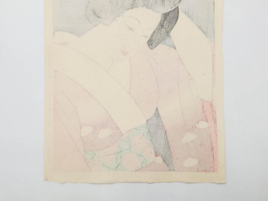昭和55年6月作　神保朋世　「静夜」　版画(絵画、木版画、多色摺り、美人画、彫刀 大倉半兵衛、摺刷 関岡扇令、着物、女性、落款)(R-079253)