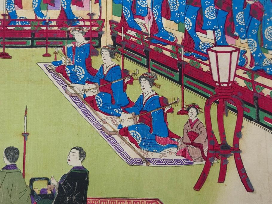 真作　揚州周延 「伊勢古市踊之図」　豊原国周筆 「潤色三十六花撰」　勝川春章画　版画3枚セット(絵画、木版画、多色摺り、久保丁亀鶴や米吉、着物、芸者、美人画、舞踊、屋形船)(R-079254)