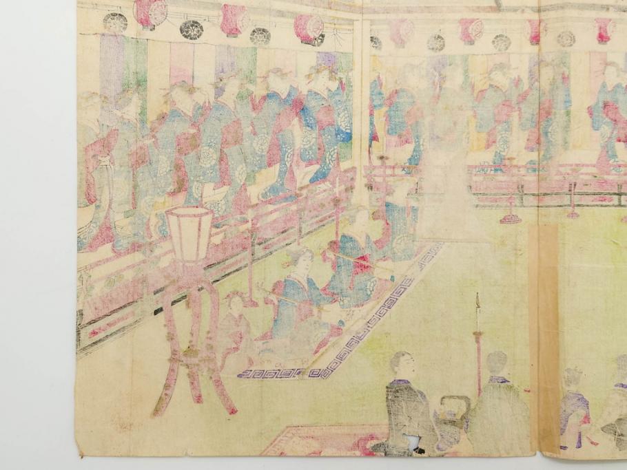 真作　揚州周延 「伊勢古市踊之図」　豊原国周筆 「潤色三十六花撰」　勝川春章画　版画3枚セット(絵画、木版画、多色摺り、久保丁亀鶴や米吉、着物、芸者、美人画、舞踊、屋形船)(R-079254)
