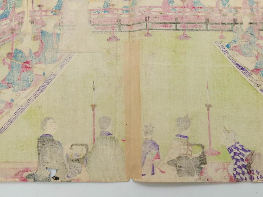 真作　揚州周延 「伊勢古市踊之図」　豊原国周筆 「潤色三十六花撰」　勝川春章画　版画3枚セット(絵画、木版画、多色摺り、久保丁亀鶴や米吉、着物、芸者、美人画、舞踊、屋形船)(R-079254)