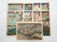 浮世絵師 歌川広重　東海道五拾三次之内 「庄野白雨」　名所江戸百景 「廓中東雲」「亀戸梅屋舗」「隅田川水神の森真崎」「上野清水堂不忍池」「亀戸天神境内」「増上寺塔赤羽根」「王子装束ゑの木大晦日の狐火」「真乳山山谷堀夜景」　版画9枚セット(絵画、木版画、多色摺り、浮世絵、人物、風景、鳥、花、藤、桜、雨、雪、寺社仏閣、橋)(R-079287)