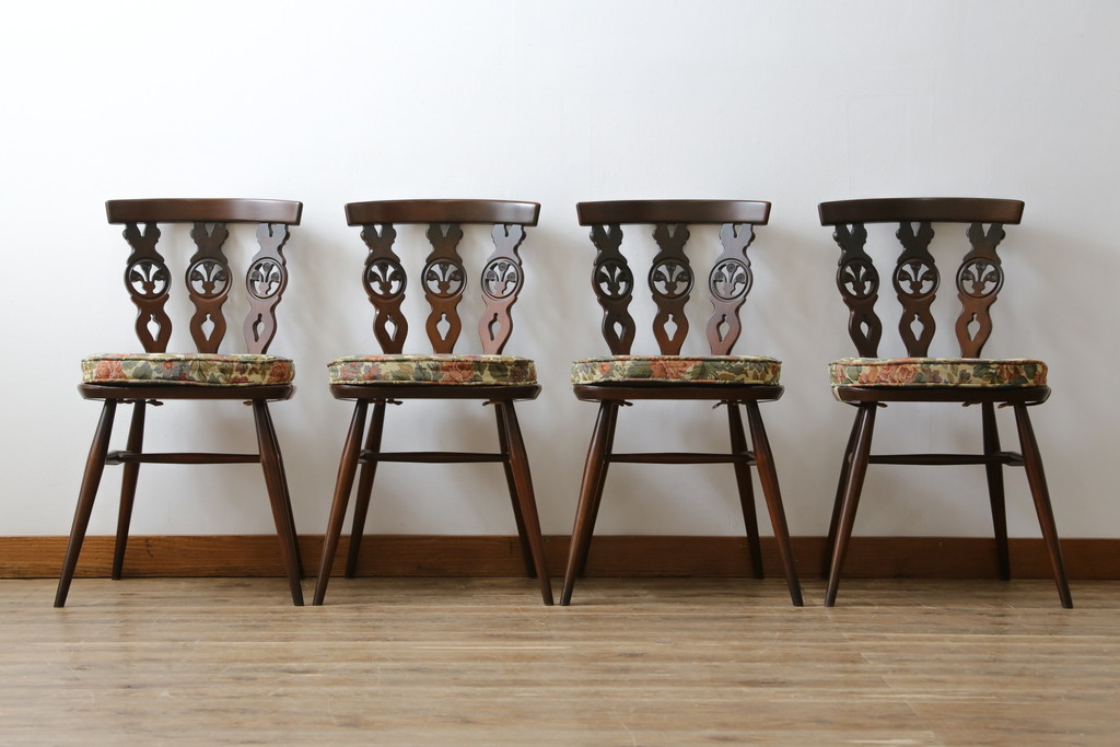 イギリスビンテージ　ERCOL(アーコール)　上品な佇まいのシスルバックチェア4脚セット(ダイニングチェア、椅子、イス、板座チェア、ウィンザーチェア、ウインザーチェア、ヴィンテージ、英国)(R-065625)
