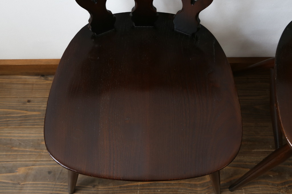 イギリスビンテージ　ERCOL(アーコール)　上品な佇まいのシスルバックチェア4脚セット(ダイニングチェア、椅子、イス、板座チェア、ウィンザーチェア、ウインザーチェア、ヴィンテージ、英国)(R-065625)