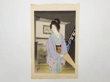真作　昭和36年春作　神保朋世　「雨」　版画(絵画、木版画、多色摺り、彫師 佐藤寿録吉、摺師 猪村正之助、番傘、和傘、美人画、着物、女性、落款)(R-079292)