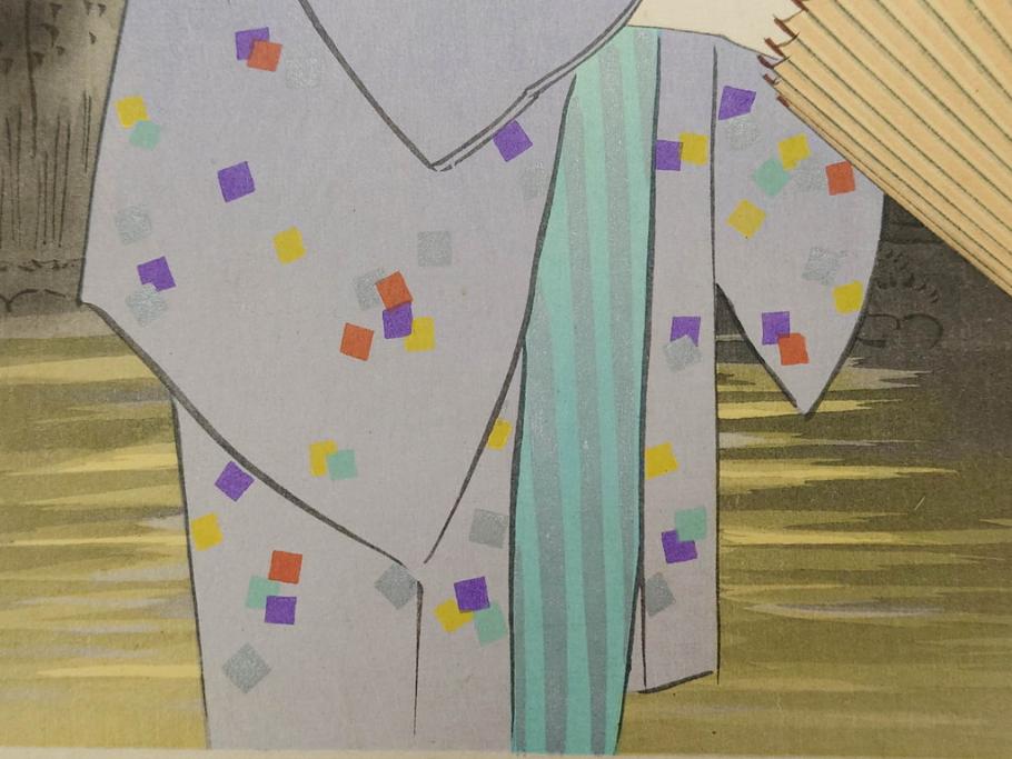 真作　昭和36年春作　神保朋世　「雨」　版画(絵画、木版画、多色摺り、彫師 佐藤寿録吉、摺師 猪村正之助、番傘、和傘、美人画、着物、女性、落款)(R-079292)