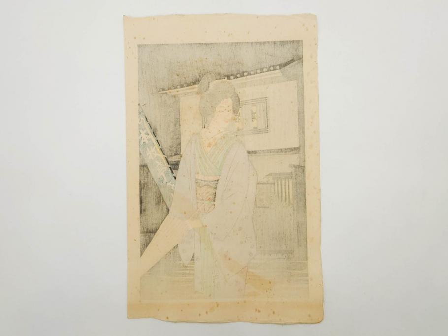 真作　昭和36年春作　神保朋世　「雨」　版画(絵画、木版画、多色摺り、彫師 佐藤寿録吉、摺師 猪村正之助、番傘、和傘、美人画、着物、女性、落款)(R-079292)