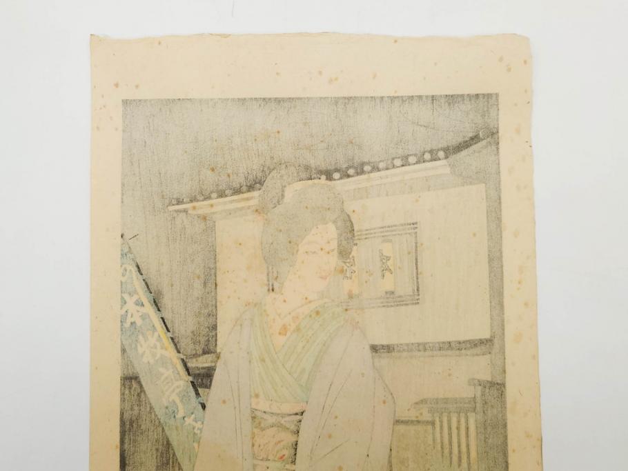 真作　昭和36年春作　神保朋世　「雨」　版画(絵画、木版画、多色摺り、彫師 佐藤寿録吉、摺師 猪村正之助、番傘、和傘、美人画、着物、女性、落款)(R-079292)