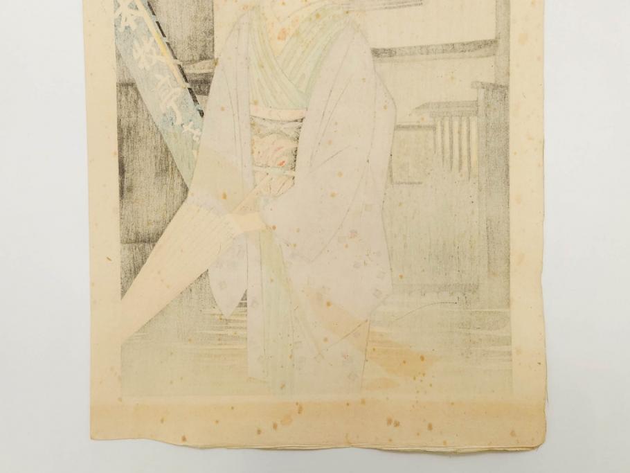 真作　昭和36年春作　神保朋世　「雨」　版画(絵画、木版画、多色摺り、彫師 佐藤寿録吉、摺師 猪村正之助、番傘、和傘、美人画、着物、女性、落款)(R-079292)