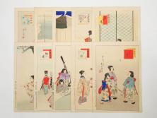 真作　明治29年2月・3月　宮川春汀　子供風俗　版画10枚セット(木版画、錦絵、浮世絵、絵画、多色摺り、羽子、羽根つき、手毬、毬つき、野遊、物請、盲鬼、目隠し鬼、茶乃湯、茶道、汐干狩り、手踊、舞踊、折り紙、おりがみ、子とり姥)(R-079295)