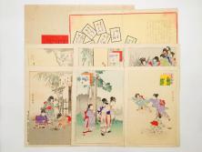 真作　明治29年6月　宮川春汀　子供風俗　版画8枚セット(木版画、錦絵、浮世絵、絵画、多色摺り、地獄極楽、千手観音、ごみかくし、瓢箪ぼっくり、ままごと、淀の川瀬)(R-079296)