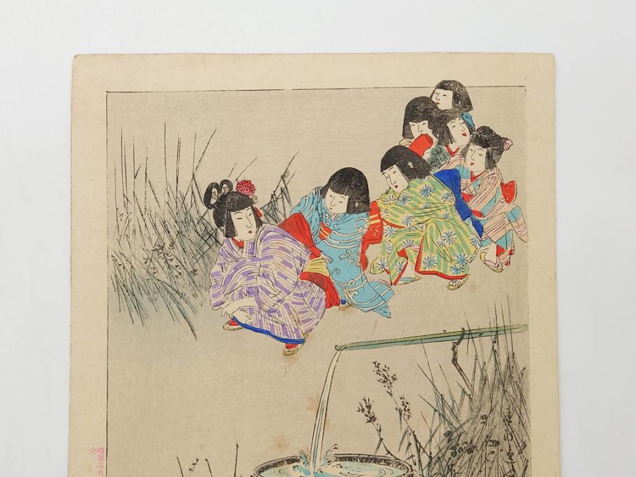 真作　明治29年6月　宮川春汀　子供風俗　版画8枚セット(木版画、錦絵、浮世絵、絵画、多色摺り、地獄極楽、千手観音、ごみかくし、瓢箪ぼっくり、ままごと、淀の川瀬)(R-079296)