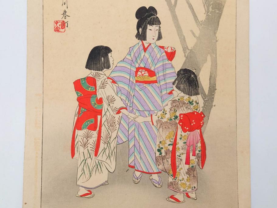 真作　明治29年6月　宮川春汀　子供風俗　版画8枚セット(木版画、錦絵、浮世絵、絵画、多色摺り、地獄極楽、千手観音、ごみかくし、瓢箪ぼっくり、ままごと、淀の川瀬)(R-079296)