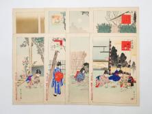 真作　明治29年7月　宮川春汀　子供風俗　版画8枚セット(木版画、錦絵、浮世絵、絵画、多色摺り、坊主起し、花串、向乃叔母さん、おはじき、お山のお山のおこんさん、夕すずみ、編みもの、十六むさし)(R-079297)