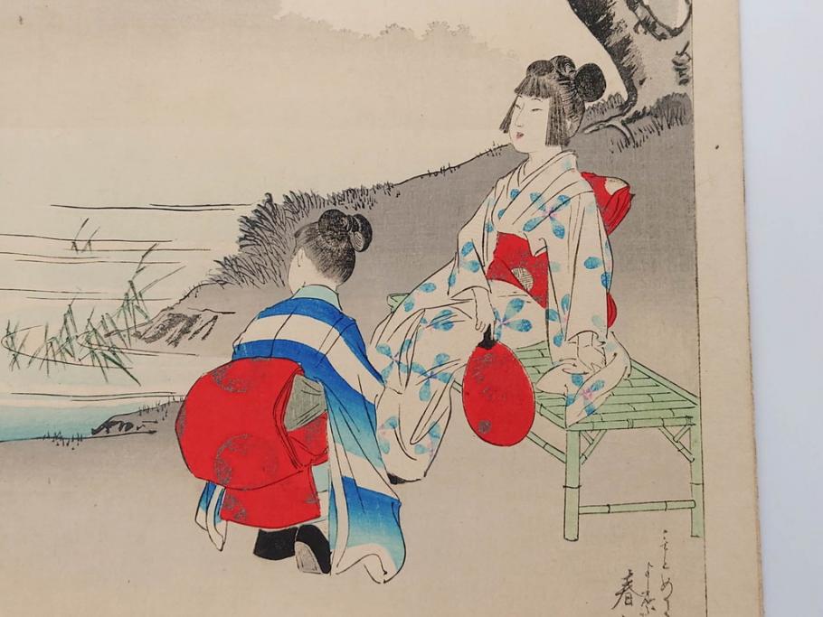 真作　明治29年7月　宮川春汀　子供風俗　版画8枚セット(木版画、錦絵、浮世絵、絵画、多色摺り、坊主起し、花串、向乃叔母さん、おはじき、お山のお山のおこんさん、夕すずみ、編みもの、十六むさし)(R-079297)