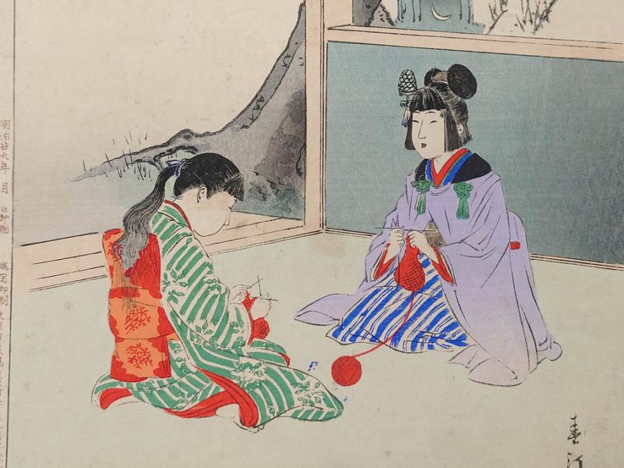 真作　明治29年7月　宮川春汀　子供風俗　版画8枚セット(木版画、錦絵、浮世絵、絵画、多色摺り、坊主起し、花串、向乃叔母さん、おはじき、お山のお山のおこんさん、夕すずみ、編みもの、十六むさし)(R-079297)
