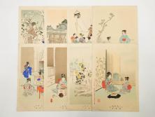 真作　明治29年・30年　宮川春汀　子供風俗　版画8枚セット(木版画、錦絵、浮世絵、絵画、多色摺り、いとかけ、犬あそび、せんこはなび、線香花火、あねさま、おしりの用心、戦ごっこ、たがまわし、たけうま、竹馬)(R-079298)