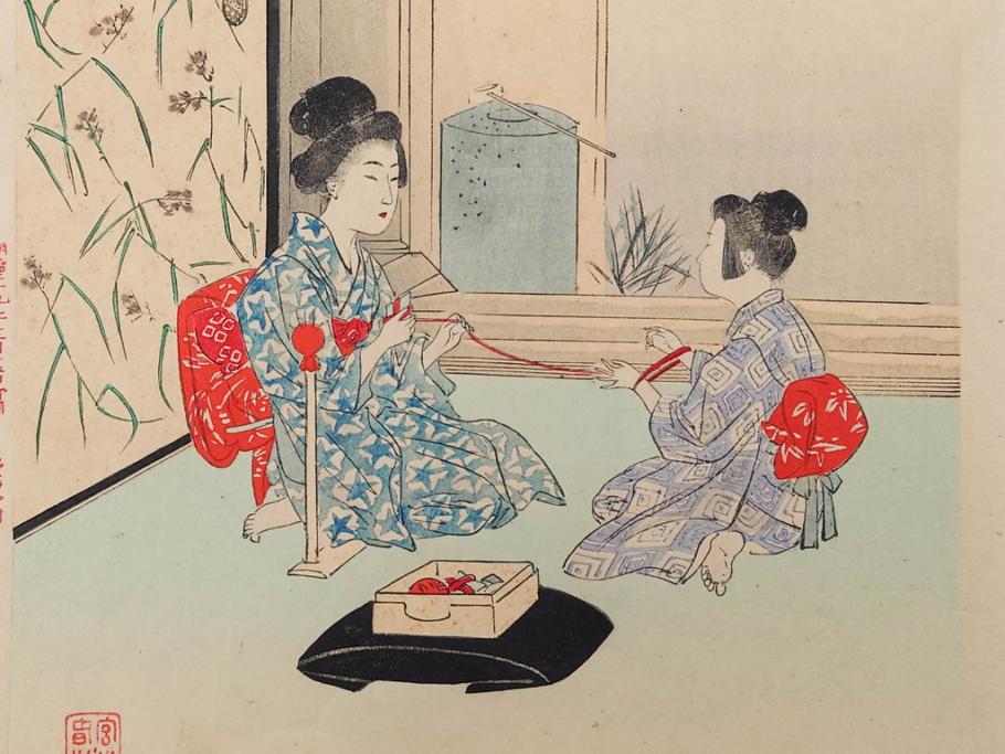 真作　明治29年・30年　宮川春汀　子供風俗　版画8枚セット(木版画、錦絵、浮世絵、絵画、多色摺り、いとかけ、犬あそび、せんこはなび、線香花火、あねさま、おしりの用心、戦ごっこ、たがまわし、たけうま、竹馬)(R-079298)