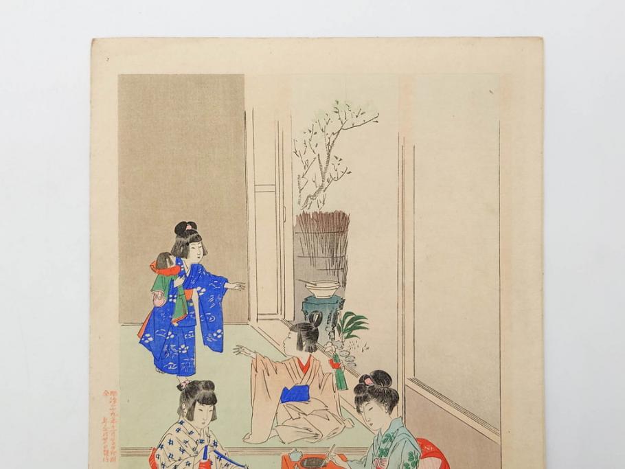 真作　明治29年・30年　宮川春汀　子供風俗　版画8枚セット(木版画、錦絵、浮世絵、絵画、多色摺り、いとかけ、犬あそび、せんこはなび、線香花火、あねさま、おしりの用心、戦ごっこ、たがまわし、たけうま、竹馬)(R-079298)