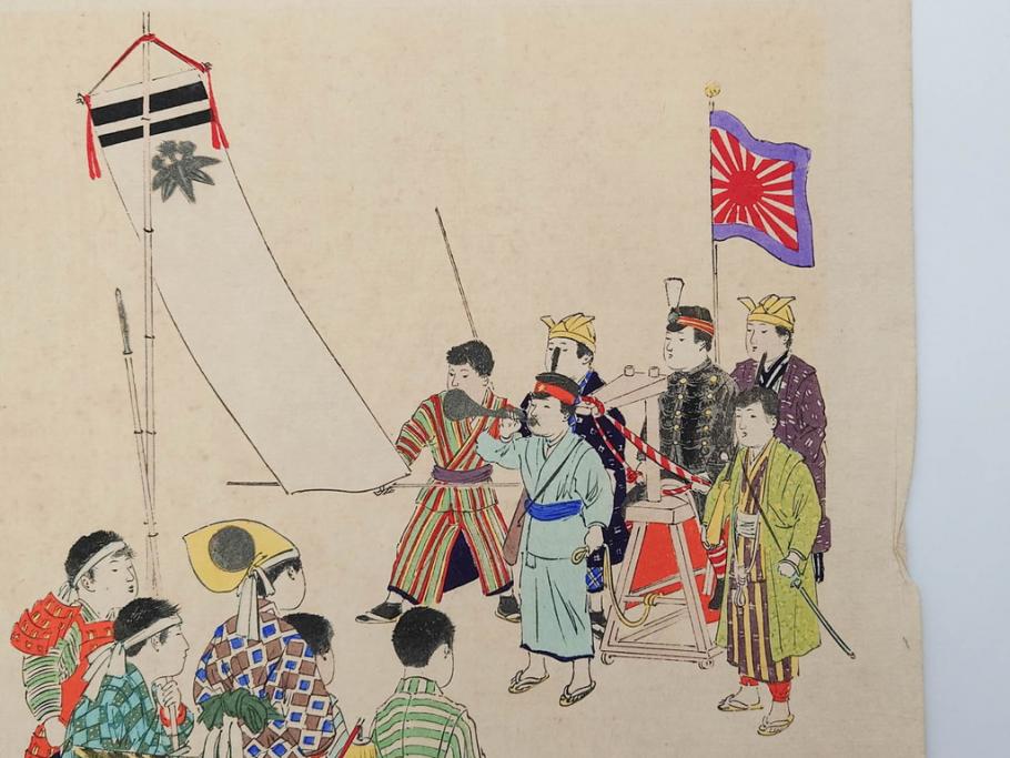 真作　明治29年・30年　宮川春汀　子供風俗　版画8枚セット(木版画、錦絵、浮世絵、絵画、多色摺り、いとかけ、犬あそび、せんこはなび、線香花火、あねさま、おしりの用心、戦ごっこ、たがまわし、たけうま、竹馬)(R-079298)