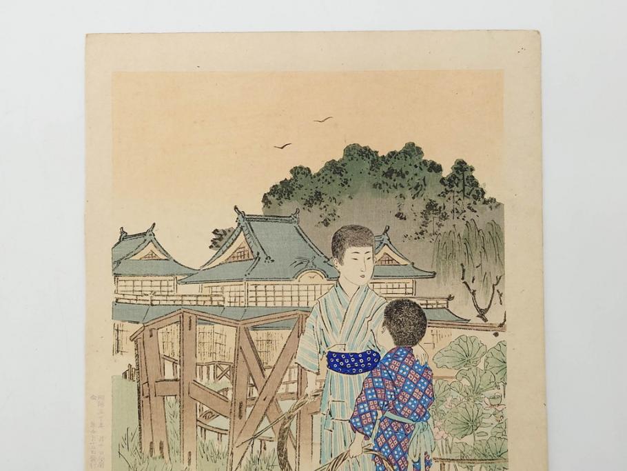 真作　明治29年・30年　宮川春汀　子供風俗　版画8枚セット(木版画、錦絵、浮世絵、絵画、多色摺り、いとかけ、犬あそび、せんこはなび、線香花火、あねさま、おしりの用心、戦ごっこ、たがまわし、たけうま、竹馬)(R-079298)