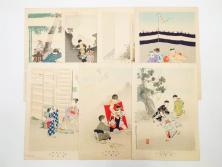 明治30年　宮川春汀　子供風俗　版画7枚セット(木版画、錦絵、浮世絵、絵画、多色摺り、ちんちんもがもが、凧揚げ、たこあげ、たまや、ぞうりはきかえへ、投扇興、とうせんきょう、たうせんきやう、かげやとうろくじ、めんこあそび)(R-079299)