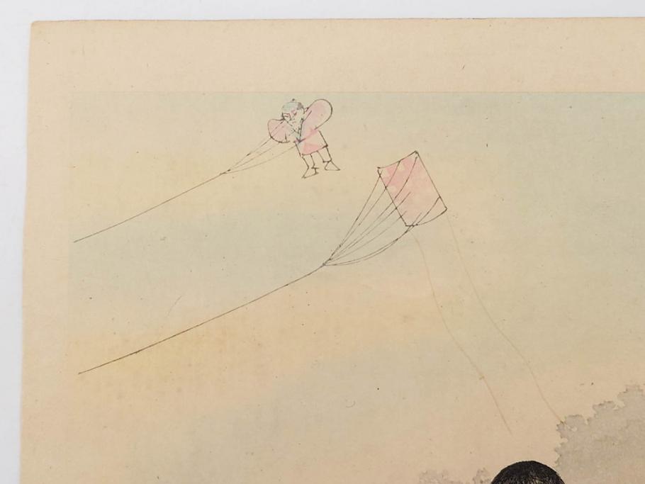 明治30年　宮川春汀　子供風俗　版画7枚セット(木版画、錦絵、浮世絵、絵画、多色摺り、ちんちんもがもが、凧揚げ、たこあげ、たまや、ぞうりはきかえへ、投扇興、とうせんきょう、たうせんきやう、かげやとうろくじ、めんこあそび)(R-079299)