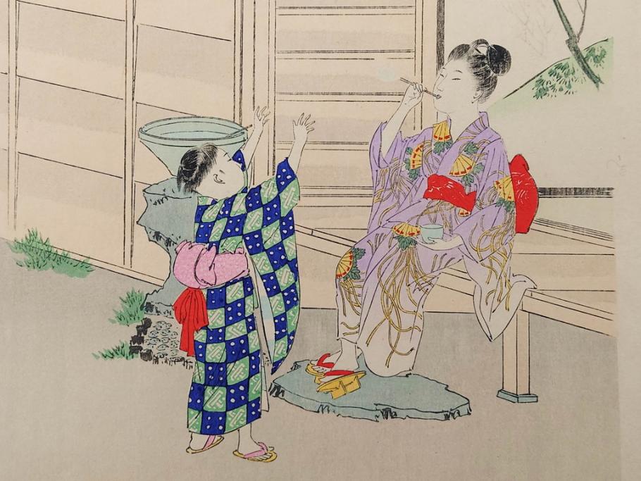 明治30年　宮川春汀　子供風俗　版画7枚セット(木版画、錦絵、浮世絵、絵画、多色摺り、ちんちんもがもが、凧揚げ、たこあげ、たまや、ぞうりはきかえへ、投扇興、とうせんきょう、たうせんきやう、かげやとうろくじ、めんこあそび)(R-079299)