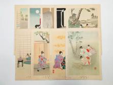 真作　明治30年　宮川春汀　子供風俗　版画9枚セット(木版画、錦絵、浮世絵、絵画、多色摺り、かずひろい、盲案内競争、おにごっこ、影絵遊び、かげえあそび、うをつり、かくれんぼう、動物園、たるみこし、さつき人形、五月人形)(R-079300)