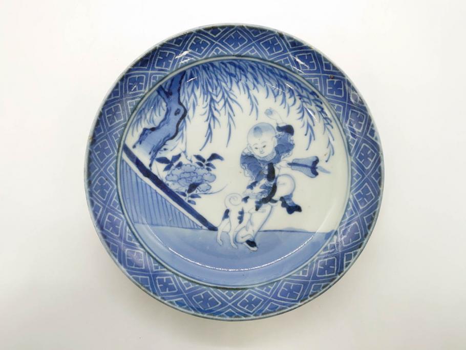 2024-25 秋冬新作  希少 江戸期 古伊万里 染付 唐子に犬図 約17cm 5.6寸 珍しい絵 染付
