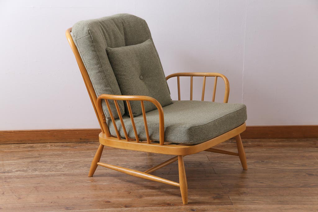 ヴィンテージ家具　イギリスビンテージ　ERCOL(アーコール)　ジュビリー(Jubilee)　グリーンのファブリックが優しげな一人掛けソファ(2)