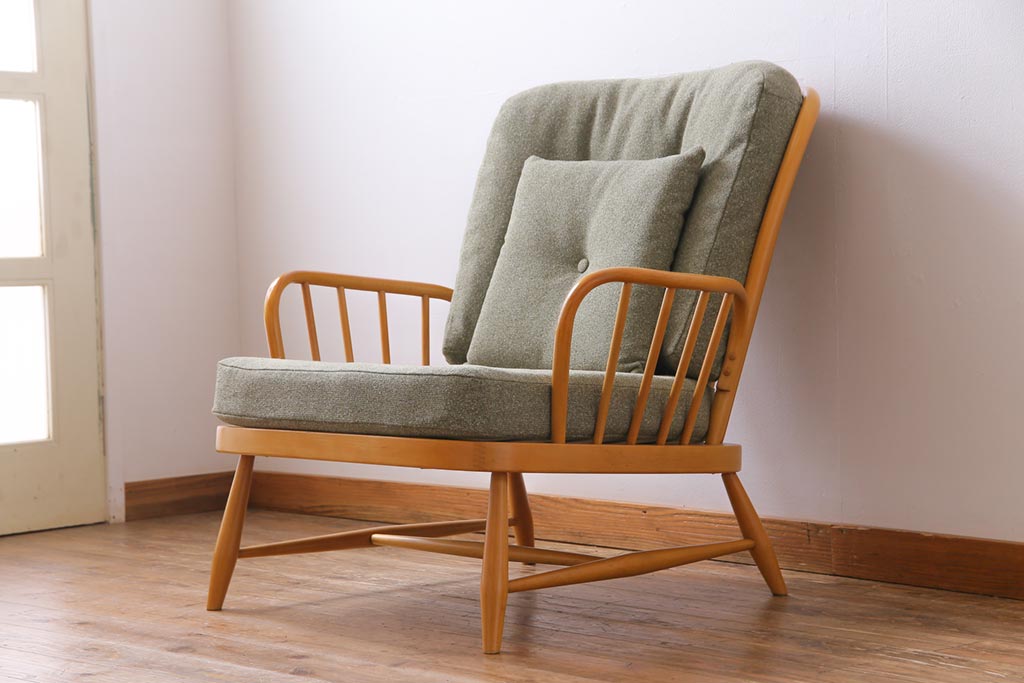 ヴィンテージ家具　イギリスビンテージ　ERCOL(アーコール)　ジュビリー(Jubilee)　グリーンのファブリックが優しげな一人掛けソファ(2)